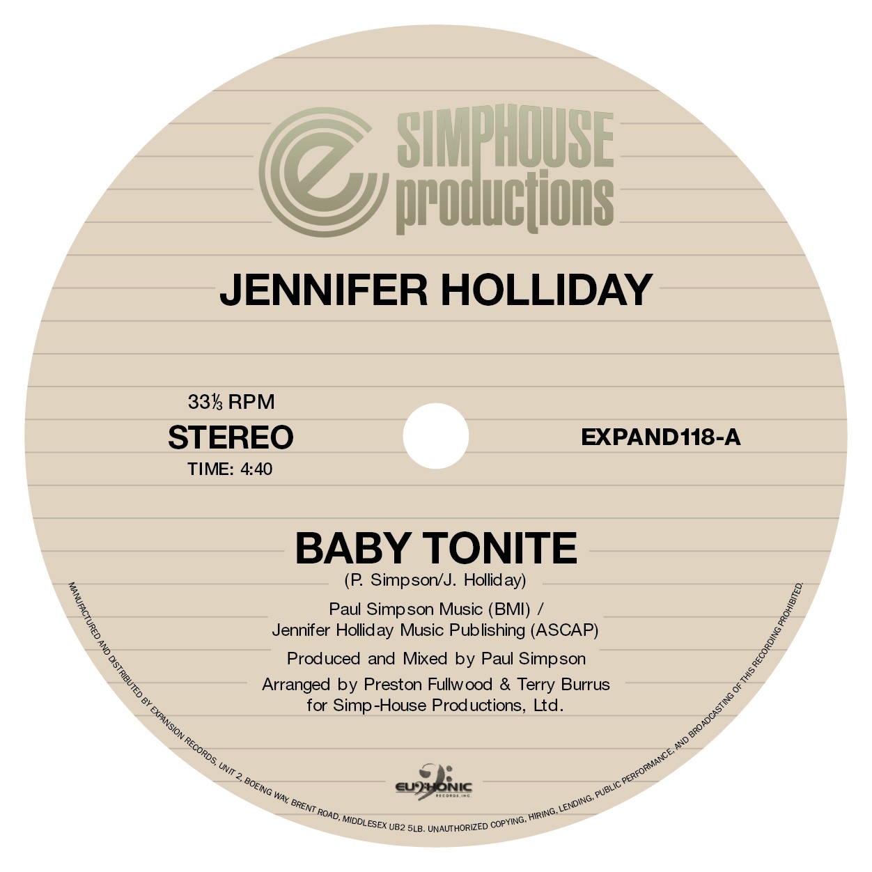Jennifer Holliday - Baby Tonite - 12" Single, Vinyl Music - Expansion/...